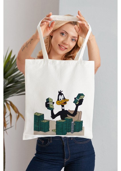 Elimin Ucunda Daffy Duck Model Baskılı Günlük Kullanım Özel Baskı Bez Omuz Çantası Hediyelik Tote Bag