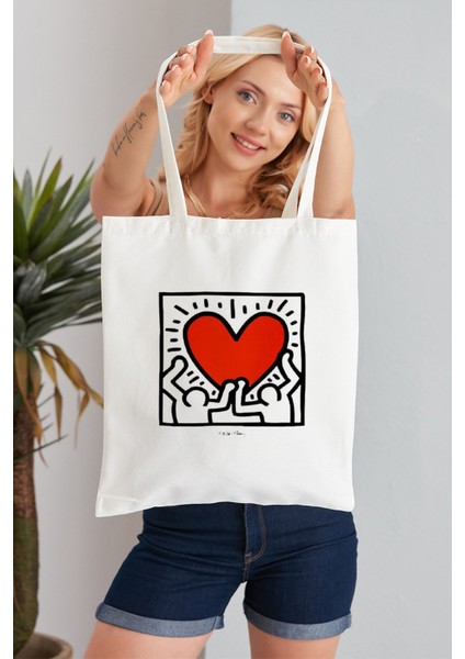 Elimin Ucunda Keith Haring Model Baskılı Günlük Kullanım Özel Baskı Bez Omuz Çantası Hediyelik Tote Bag