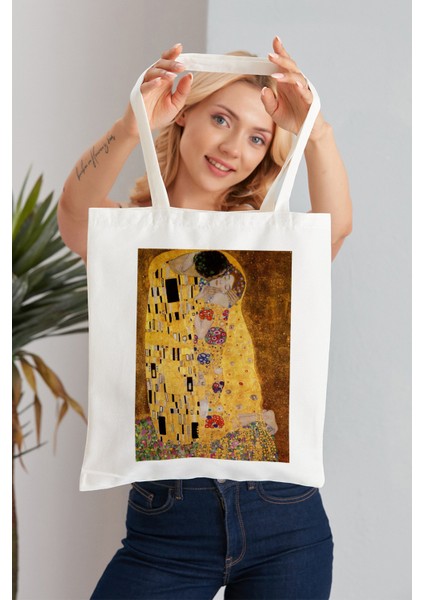 The Kiss Gustav Klimt Model Baskılı Günlük Kullanım Özel Baskı Bez Omuz Çantası Hediyelik Tote Bag