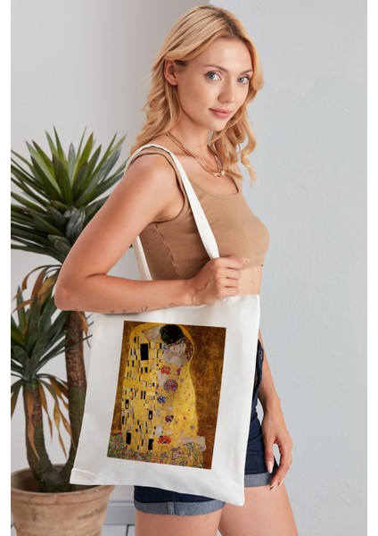 The Kiss Gustav Klimt Model Baskılı Günlük Kullanım Özel Baskı Bez Omuz Çantası Hediyelik Tote Bag