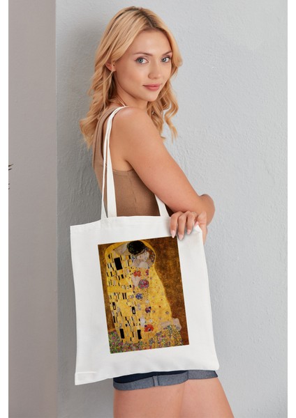 The Kiss Gustav Klimt Model Baskılı Günlük Kullanım Özel Baskı Bez Omuz Çantası Hediyelik Tote Bag