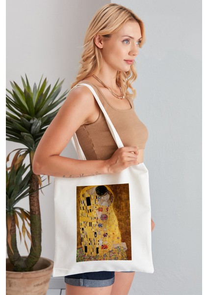 The Kiss Gustav Klimt Model Baskılı Günlük Kullanım Özel Baskı Bez Omuz Çantası Hediyelik Tote Bag