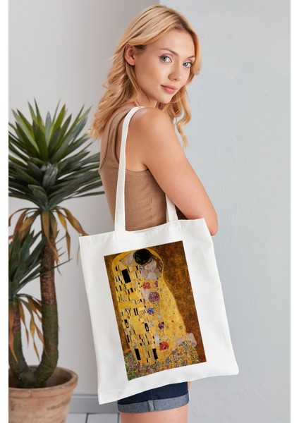 The Kiss Gustav Klimt Model Baskılı Günlük Kullanım Özel Baskı Bez Omuz Çantası Hediyelik Tote Bag