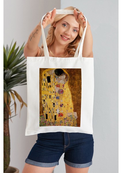 The Kiss Gustav Klimt Model Baskılı Günlük Kullanım Özel Baskı Bez Omuz Çantası Hediyelik Tote Bag