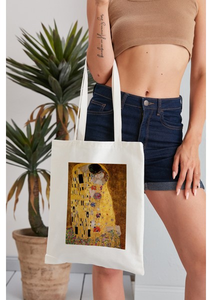 The Kiss Gustav Klimt Model Baskılı Günlük Kullanım Özel Baskı Bez Omuz Çantası Hediyelik Tote Bag