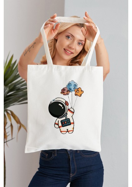 Astronot Model Baskılı Günlük Kullanım Özel Baskı Bez Omuz Çantası Hediyelik Tote Bag