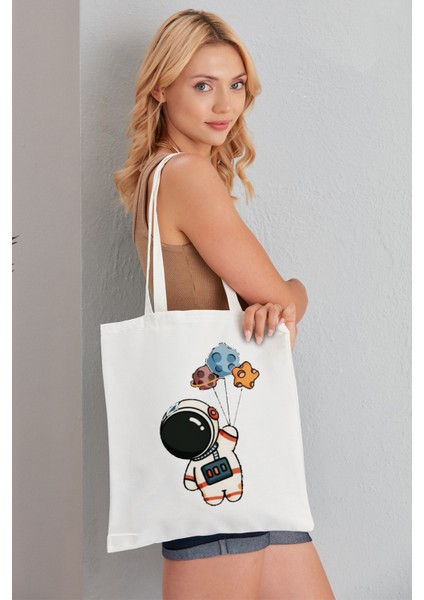 Astronot Model Baskılı Günlük Kullanım Özel Baskı Bez Omuz Çantası Hediyelik Tote Bag