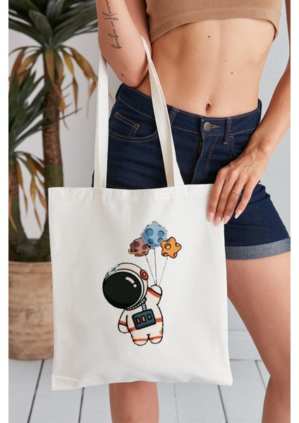 Astronot Model Baskılı Günlük Kullanım Özel Baskı Bez Omuz Çantası Hediyelik Tote Bag
