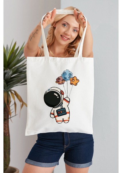 Astronot Model Baskılı Günlük Kullanım Özel Baskı Bez Omuz Çantası Hediyelik Tote Bag