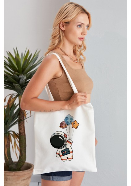 Astronot Model Baskılı Günlük Kullanım Özel Baskı Bez Omuz Çantası Hediyelik Tote Bag