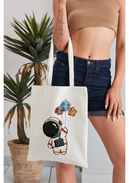 Astronot Model Baskılı Günlük Kullanım Özel Baskı Bez Omuz Çantası Hediyelik Tote Bag