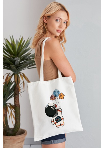 Astronot Model Baskılı Günlük Kullanım Özel Baskı Bez Omuz Çantası Hediyelik Tote Bag