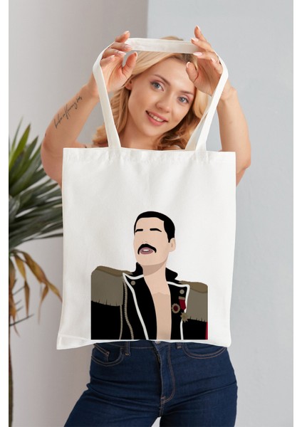 Freddie Mercury Model Baskılı Günlük Kullanım Özel Baskı Bez Omuz Çantası Hediyelik Tote Bag