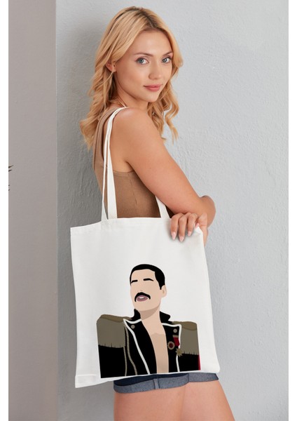 Freddie Mercury Model Baskılı Günlük Kullanım Özel Baskı Bez Omuz Çantası Hediyelik Tote Bag