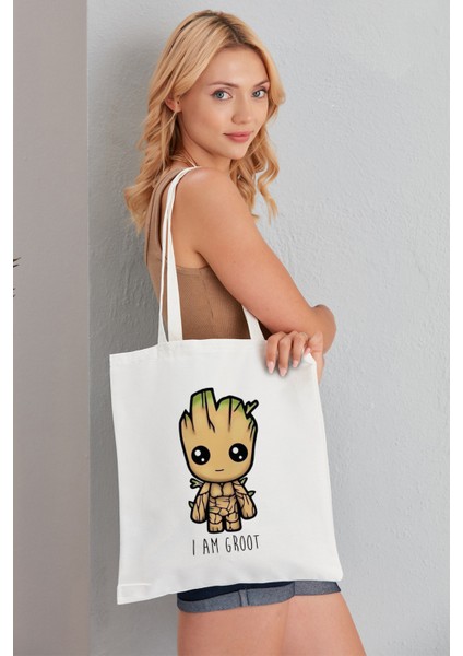 I Am Groot Model Baskılı Günlük Kullanım Özel Baskı Bez Omuz Çantası Hediyelik Tote Bag