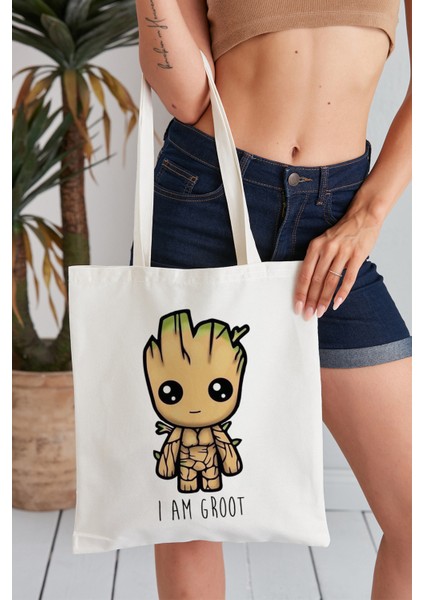 I Am Groot Model Baskılı Günlük Kullanım Özel Baskı Bez Omuz Çantası Hediyelik Tote Bag