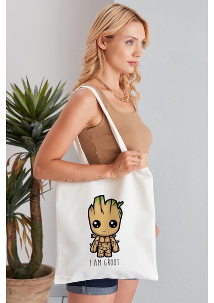 I Am Groot Model Baskılı Günlük Kullanım Özel Baskı Bez Omuz Çantası Hediyelik Tote Bag