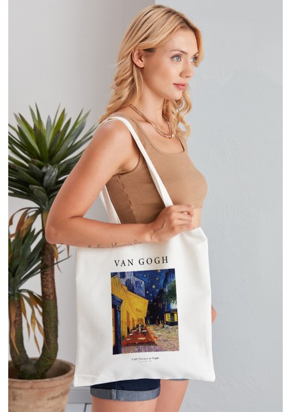 Cafe Terrace At Night Model Baskılı Günlük Kullanım Özel Baskı Bez Omuz Çantası Hediyelik Tote Bag