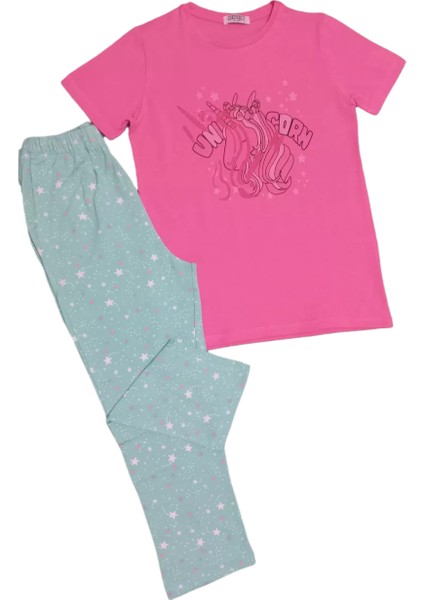 Kız Çocuk Desenli Kısa Kollu Pantolonlu Pijama Takımı- Kod 1420 5 Yaş Açık Pembe