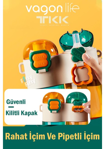 Tkk Tek Gövde Çift Hazne 2X400 800 ml Sıvı Kapasiteli Boyun Askılı Pipetli /rahat Içim Tritan Matara