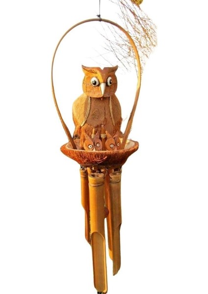 Coconat Yuvalı Yavrulu Baykuş Bambu Rüzgar Çanı 90 cm