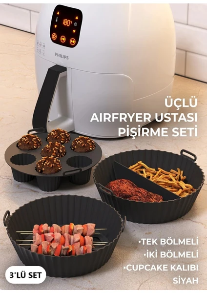 Airfryer Ustası Pişirme Seti 3'lü Silikon Pişirme Kabı Kalıbı Kağıdı