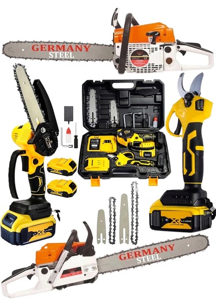 Germany Steel 3'lü Set 7.9 Hp Benzinli Odun Ağaç Kesme Hızar Motoru 128VF Şarjlı Dal Budama Makası ve Testere 3set-Gry2