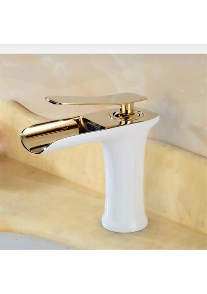 Lavabo Bataryası Gold Beyaz Şelale Lavabo Musluğu Naturel Doğal Akışlı Lavabo Bataryası