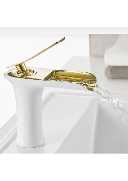 Lavabo Bataryası Gold Beyaz Şelale Lavabo Musluğu Naturel Doğal Akışlı Lavabo Bataryası