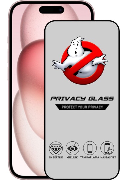 Apple iPhone 15 Tam Kaplayan Privacy Hayalet Temperli Ekran Koruycu Cam