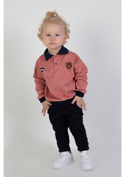 Erkek Bebek Çocuk İki İplik Kumaş Orta Kalınlık Polo Yaka Örme Basic Alt Üst Eşofman Takımı