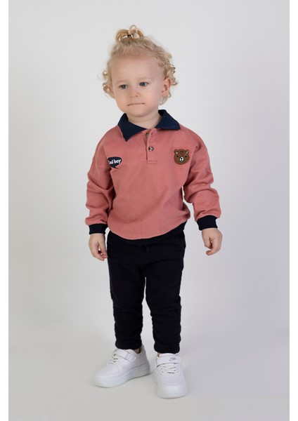 Erkek Bebek Çocuk İki İplik Kumaş Orta Kalınlık Polo Yaka Örme Basic Alt Üst Eşofman Takımı fırsatları