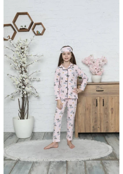 Lolli Boom Kids  Kopya - Kız Çocuk V Yaka Düğmeli Pembe Renk Pijama Takımı