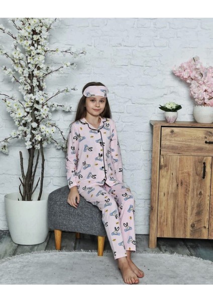 Kız Çocuk Papyon Tavşan Baskılı Toz Pembe Renk Pijama Takımı