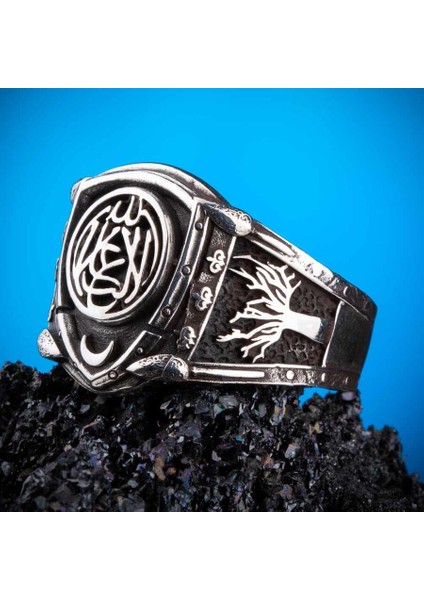 La Galibe Illallah Yazılı Hayat Ağacı Motifli Gümüş Erkek Yüzük