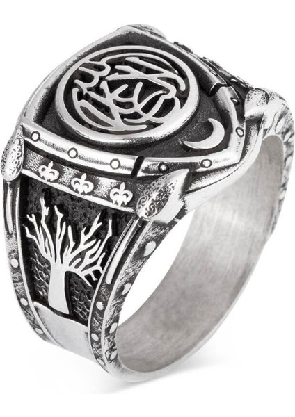 La Galibe Illallah Yazılı Hayat Ağacı Motifli Gümüş Erkek Yüzük fiyatları
