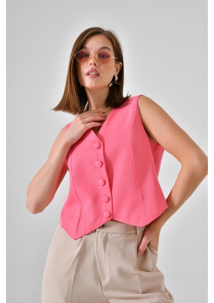 Pembe Fitted Düğmeli Dokuma Yelek