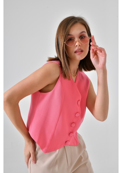 Pembe Fitted Düğmeli Dokuma Yelek modelleri