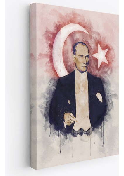 Mustafa Kemal Atatürk ve Türk Bayrağı Suluboya Görünümlü Dekoratif Kanvas Tablo-Cy-76