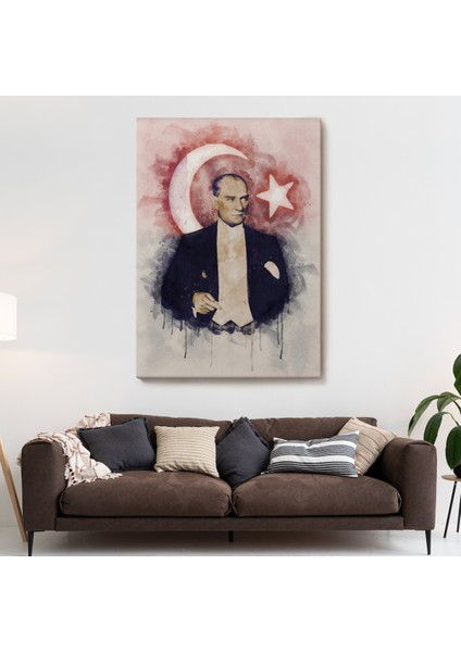 Mustafa Kemal Atatürk ve Türk Bayrağı Suluboya Görünümlü Dekoratif Kanvas Tablo-Cy-76