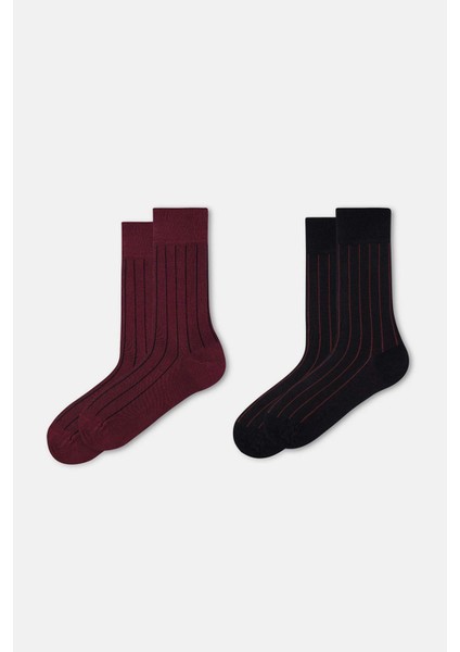 Bordo Erkek 2'li Bambu Çorap Şerit Desen