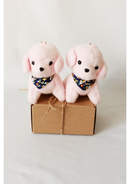 2 Adet - Peluş Köpekli Anahtarlık - 12 cm - Fularlı - Pembe - Doğum Günü Hdys - Çanta Süsü - Oyuncak