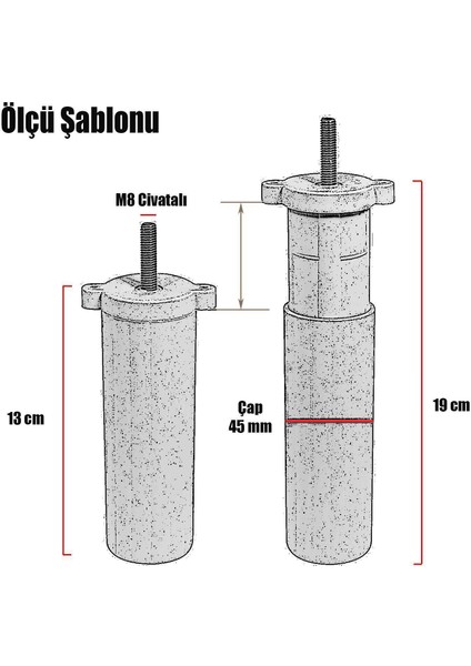 Iron 6'lı Set Mobilya Tv Ünitesi Çekyat Koltuk Kanepe Destek Ayağı 19 Cm Siyah Ayakları M8 Civatalı