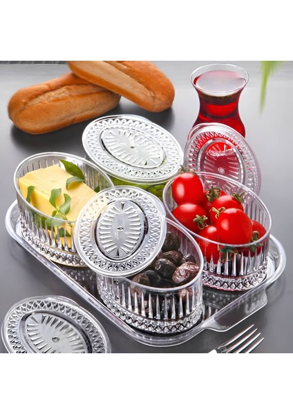 4'lü Kristal Oval Kapaklı Kahvaltılık Set Cam Değildir