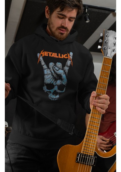 Metallica Rock Işareti Baskılı Kapüşonlu Sweatshirt, Unisex Oversize Rock Metal Baskılı Hoodie