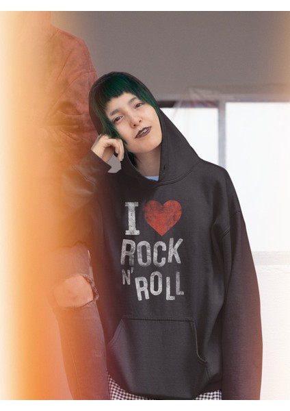 I Love Rock Yazılı Kapüşonlu Sweatshirt, Unisex Oversize Rock Metal Baskılı Hoodie