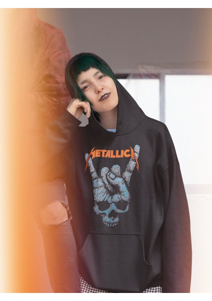 Fuddy Moda Metallica Rock Işareti Baskılı Kapüşonlu Sweatshirt, Unisex Oversize Rock Metal Baskılı Hoodie