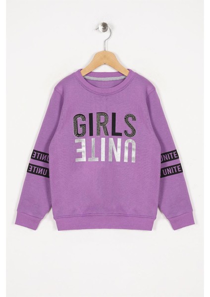 Kız Çocuk Lila Renkli Girls United Baskılı Taşlı Sweatshirt