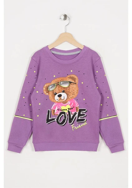 Kız Çocuk Lila Renkli Ayı Love Baskılı Sweatshirt