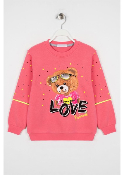 Kız Çocuk Pembe Renkli Ayı Love Baskılı Sweatshirt